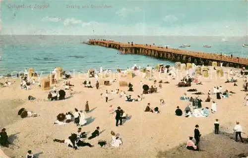 AK / Ansichtskarte  Zoppot_Sopot_PL Seesteg und Strandleben 