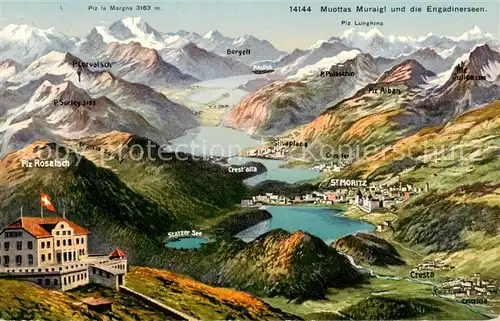 AK / Ansichtskarte Muottas_Muragl_Muottas_Murail_2453m_GR Panoramakarte mit den Engadinerseen und St Moritz 