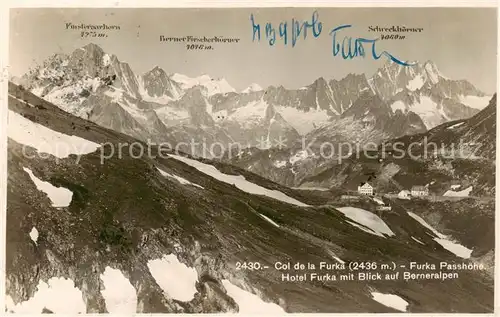 AK / Ansichtskarte Furkapasshoehe Col de la Furka Hotel Furka mit Blick auf Berneralpen Furkapasshoehe