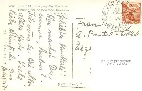 AK / Ansichtskarte Zermatt_VS Bergkapelle Maria zur Schnee am Schwarzsee mit Gabelhoerner Zermatt_VS