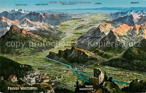 AK / Ansichtskarte Ragaz_Bad_SG Rheintal Bodensee Panoramakarte Pension Wartenstein mit Ruine Wartenstein