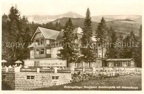 AK / Ansichtskarte 73823744 Riesengebirge_Schlesischer_Teil Berghotel Hainberghoeh mit Schneekoppe 