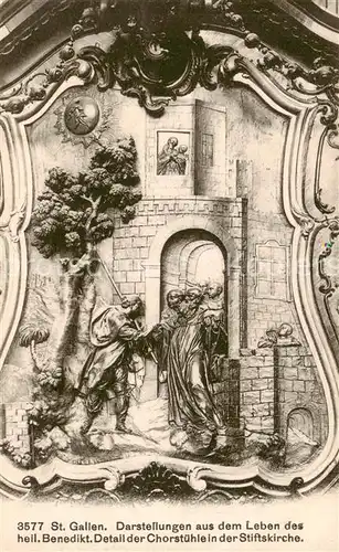AK / Ansichtskarte St_Gallen_SG Darstellungen aus dem Leben des hl Benedikt Detail der Chorstuehle in der Stiftskirche St_Gallen_SG