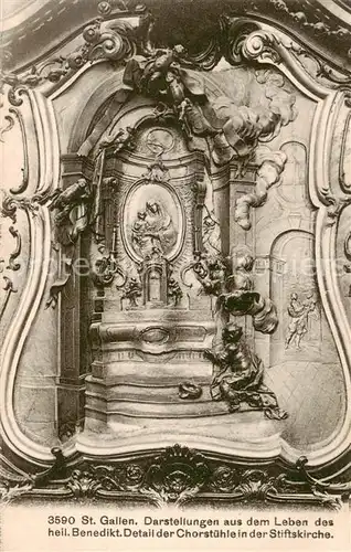 AK / Ansichtskarte St_Gallen_SG Darstellungen aus dem Leben des hl Benedikt Detail der Chorstuehle in der Stiftskirche St_Gallen_SG