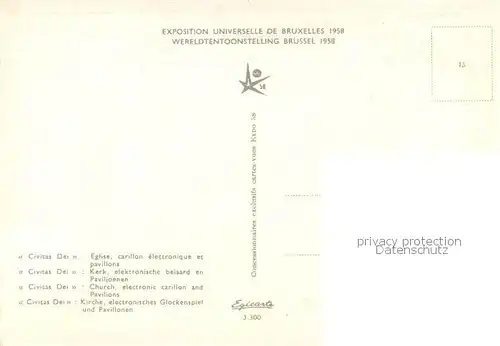 AK / Ansichtskarte 73826458 Exposition_Universelle_Bruxelles_1958 Civitas Dei Kirche electronisches Glockenspiel und Pavillonen 