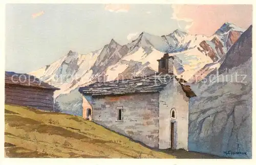 AK / Ansichtskarte Saas Fee_VS Bergkapelle Triftalp mit Mischabelgruppe Kuenstlerkarte 