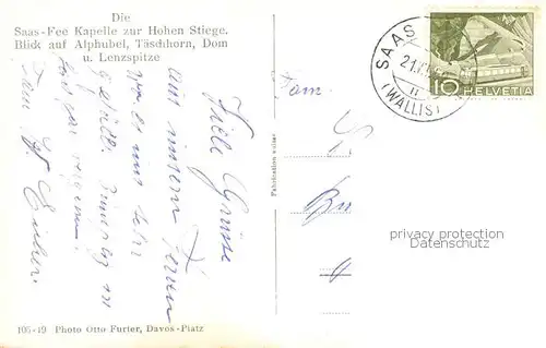 AK / Ansichtskarte Saas Fee_VS Kapelle zur Hohen Stiege mit Alphubel Taeschhorn Dom und Lenzspitze 
