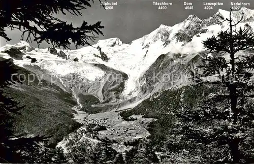 AK / Ansichtskarte Saas Fee_VS mit Feegletscher Allalinhorn Alphubel Taeschhorn Dom Lenzspitze und Nadelhorn 