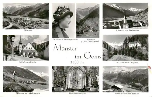 AK / Ansichtskarte Muenster_Goms_VS Panorama Kirche Kapelle Walliser Festtagstracht Alpen 