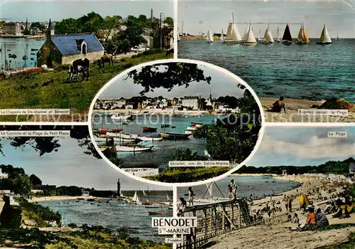 AK / Ansichtskarte Benodet_29_Finistere Le Chapelle du Ste Marine et Benodet La Corniche et la Plage du Petit Phare Le Port Regates devant la Plage 