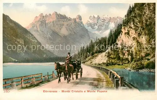 AK / Ansichtskarte 73827780 Duerrensee_Lago_di_Landro_Suedtirol_IT Monte Cristallo e Monte Popena mit Pferdekutsche 