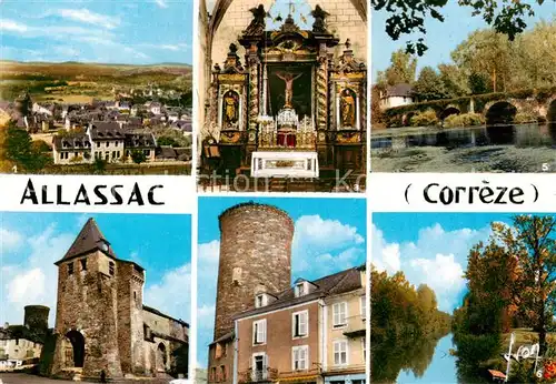 AK / Ansichtskarte Allassac_19_Correze Vue generale LEglise et la Place Interieur de lEglise La Tour de Cesar Le Pont du Saillant La Vezere a Garavet 