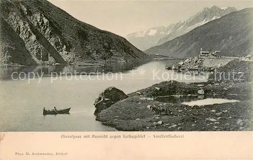 AK / Ansichtskarte Oberalpsee_UR mit Aussicht gegen Furkagebiet Forellenfischerei 