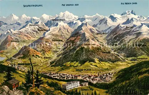 AK / Ansichtskarte Davos_GR Panoramakarte mit Silvrettagruppe Davos_GR