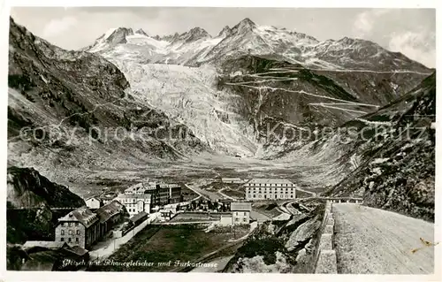 AK / Ansichtskarte Gletsch_1784m_VS mit Rhonegletscher und Furkastrasse 