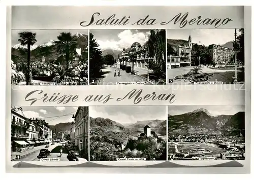 AK / Ansichtskarte  Meran_Merano_IT Panorama Promenade Kurhaus Pfarrturm Freiheitsstrasse Schloss Tirol Rennplatz 