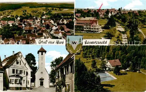 AK / Ansichtskarte 73828854 Wart_Altensteig_Schwarzwald Panorama Pension Haus Schoenblick Kirche Freibad 