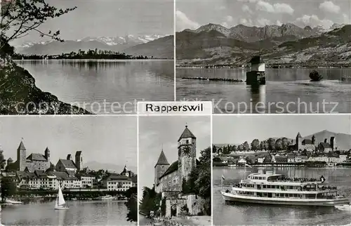 AK / Ansichtskarte Rapperswil_BE Panorama Kirche Burg Fahrgastschiff Rapperswil BE
