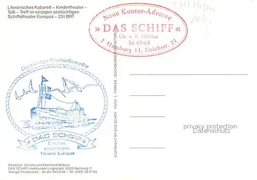 AK / Ansichtskarte 73829225 Dampfer_Binnenschifffahrt Das Schiff Literarisches Kabarett Kindertheater Talk Hamburger Kulturdampfer 