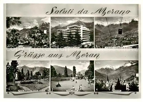 AK / Ansichtskarte  Meran_Merano_IT Panorama Grand Hotel Bristol Haflingerbahn Marconi Park Freiheitsstrasse 