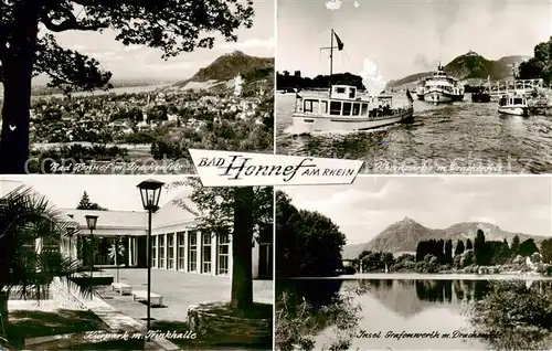 AK / Ansichtskarte Bad_Honnef Panorama Drachenfels Rheinpartie mit Drachenfels Kurpark Trinkhalle Insel Grafenwerth Bad_Honnef
