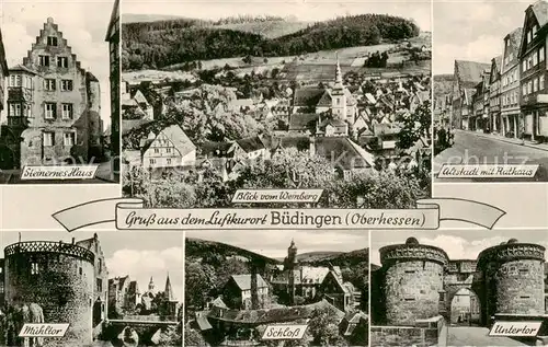 AK / Ansichtskarte Buedingen_Hessen Steinernes Haus Muehltor Blick vom Weinberg Schloss Altstadt mit Rathaus Untertor Buedingen Hessen