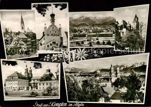 AK / Ansichtskarte  Kempten_Allgaeu St Mang Kirche Rathaus Burghalde Zumsteinhaus St Lorenzkirche mit Allgaeuer Alpen Kempten Allgaeu