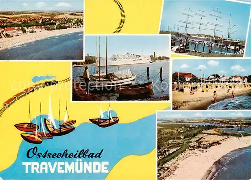 AK / Ansichtskarte 73829842 Travemuende_Ostseebad Strand Segelschiff Hafen Fliegeraufnahme Travemuende_Ostseebad