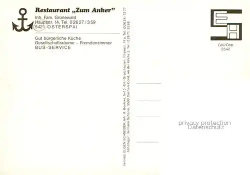 AK / Ansichtskarte 73829855 Osterspai Restauran Zum Anker Bar Gaststube Zimmer Osterspai