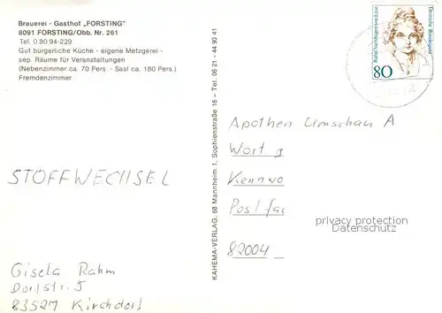 AK / Ansichtskarte Forsting_Bad_Aibling Brauerei Gasthof Forsting Gastraeume Forsting_Bad_Aibling