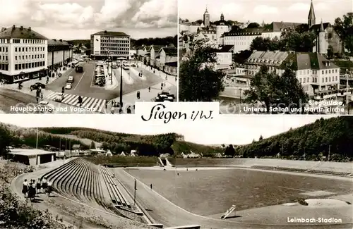 AK / Ansichtskarte 73830179 Siegen__Westfalen Hauptbahnhof und Vorplatz Siegbruecke Unteres Schloss Martinikirche Leimbach Stadion 