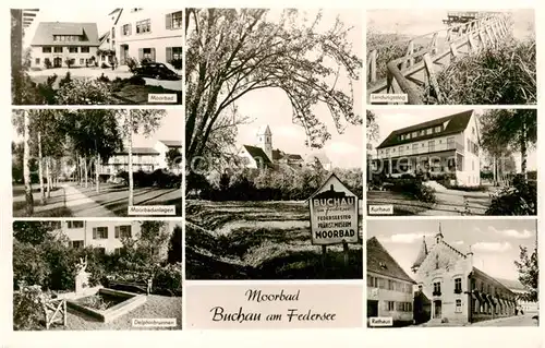 AK / Ansichtskarte  Bad_Buchau_Federsee Moorhof Moorbadanlagen Delphinbrunnen Kirche Landungssteg Kurhaus Rathaus Bad_Buchau_Federsee