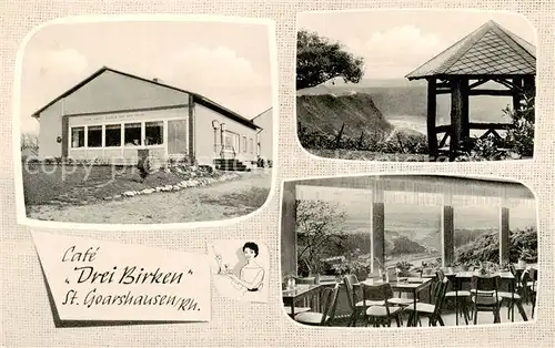 AK / Ansichtskarte  St_Goarshausen_Rhein Cafe Drei Birken Gastraum Terrasse Blick auf Burg Rheinfels 