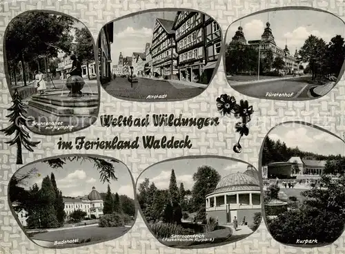 AK / Ansichtskarte  Bad_Wildungen Brunnenallee mit Nymphe Altstadt Fuerstenhof Badehotel Seerosenteich Kurpark Bad_Wildungen