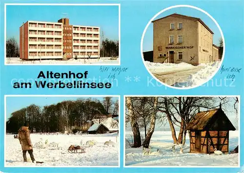 AK / Ansichtskarte 73830456 Altenhof_Werbellinsee Bettenhaus und FDGB Erholungsheim Maerkischer Hof Am winterlichen Werbellinsee Altenhof Werbellinsee