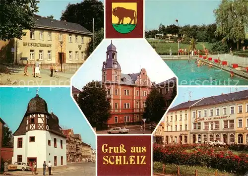 AK / Ansichtskarte 73830514 Schleiz Kreiskulturhaus Rathaus Schwimmbad Historische Muenze Neumarkt Schleiz