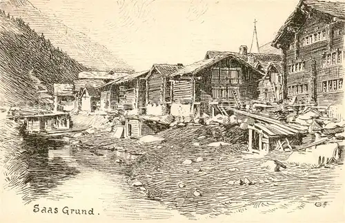 AK / Ansichtskarte Saas Grund_VS Ortspartie Zeichnung 
