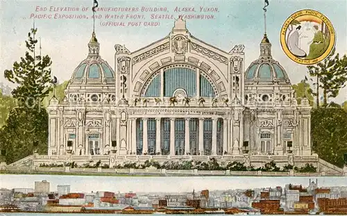 AK / Ansichtskarte Seattle_Washington_USA End Elevation Manufactured Building Alaska Yukon Pacific Exposition and Water Front 