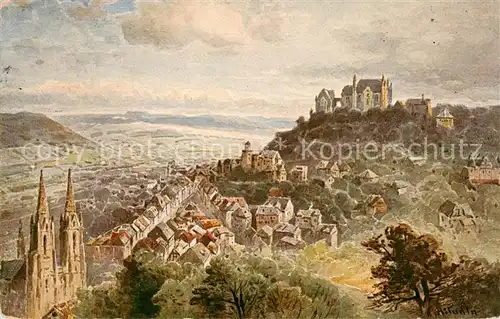 AK / Ansichtskarte 73831742 Marburg_Lahn Panorama mit Kirche und Burg Kuenstlerkarte Marburg_Lahn