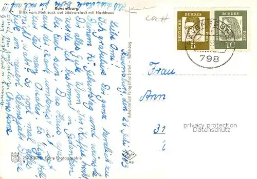 AK / Ansichtskarte Ravensburg__Wuerttemberg Blick vom Mehlsack auf Suedvorstadt mit Hochhaus 