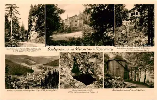 AK / Ansichtskarte Elgersburg Goethefelsen im Koernbachtal Schoeffenhaus Schwalbenstein neben dem Schoeffenhaus Panorama Gr Hermannstein Hoehle Goethehaeuschen auf dem Kickelhahn Elgersburg