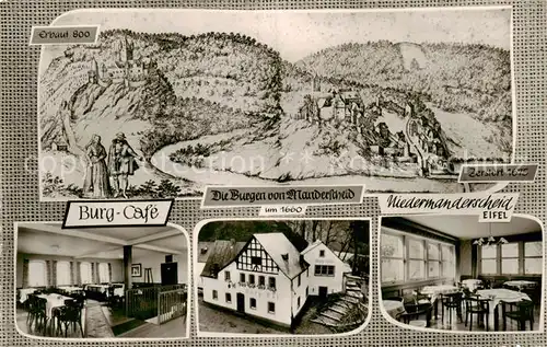 AK / Ansichtskarte Niedermanderscheid_Eifel Burg Cafe Gastraum Zeichnung Kuenstlerkarte Niedermanderscheid Eifel