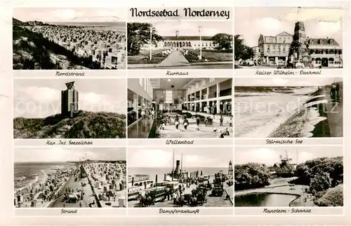 AK / Ansichtskarte Norderney_Nordseebad Panorama Strand Kurhaus Wellenbach Denkmal Dampfer Anleger Napoleon Schanze Sturm Norderney_Nordseebad