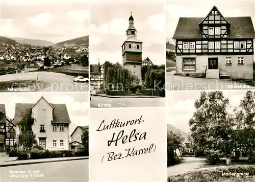 AK / Ansichtskarte  Helsa Teilansicht Kirche Gaestehaus Brunnen Leipziger Strasse Mariengrund Helsa