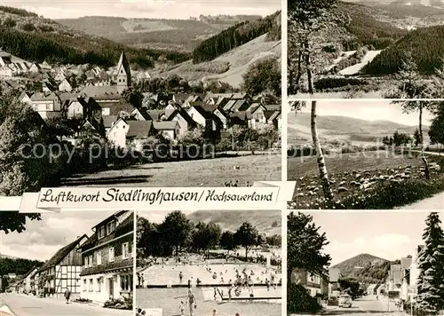 AK / Ansichtskarte 73832704 Siedlinghausen_Winterberg Ortsansicht mit Kirche Landschaftspanorama Freibad 