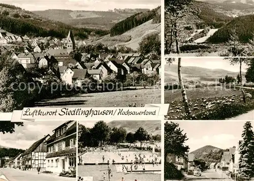 AK / Ansichtskarte  Siedlinghausen_Winterberg Ortsansicht mit Kirche Landschaftspanorama Freibad 