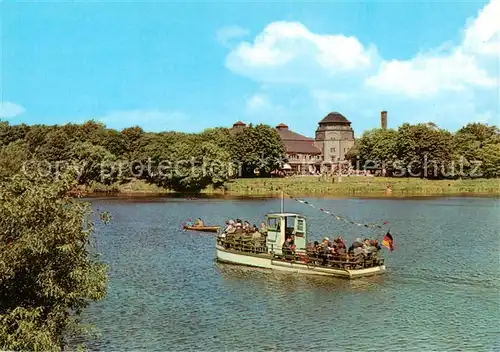 AK / Ansichtskarte Leipzig Auensee Faehrschiff mit Blick zur HO Gaststaette Leipzig