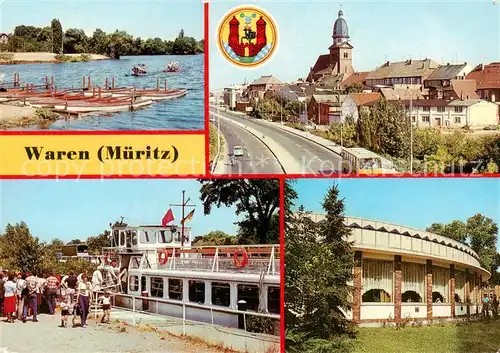 AK / Ansichtskarte Waren_Mueritz Tiefwarensee Umgehungsstrasse Marienkirche Fahrgastschiff Steinmole Rundgaststaette Waren Mueritz