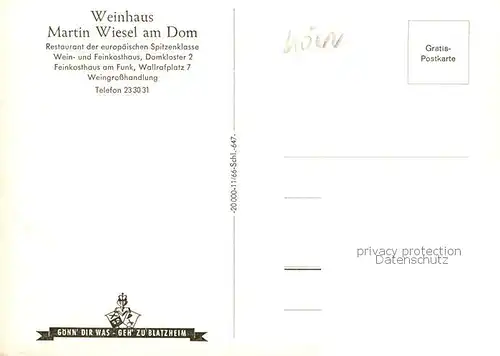 AK / Ansichtskarte Koeln__Rhein Weinhaus Martin Wiesel am Dom 