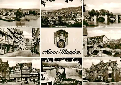 AK / Ansichtskarte 73833111 Hann._Muenden Zusammenfluss von Werra und Fulda Panorama Werrabruecke Langestrasse Schloss Marktplatz Weserstein Rathaus Hann. Muenden